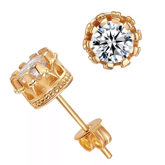 Gold Pleaded CZ Stud Earrings - Picture 1 of 3
